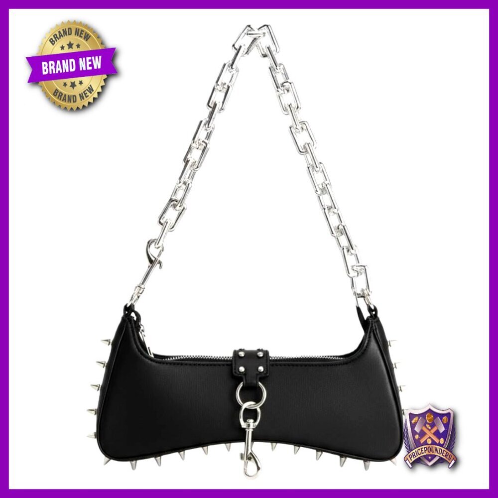 Gothic Punk Handbag Leather Spiked Studs Silver Chain Strap Shoulder Bag Edgy